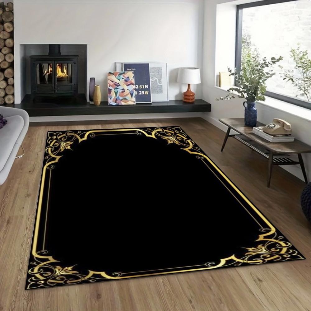 3D Retro Living Room Carpet Luxurious Black Background with Gold Edges Carpets Machine-washable Floor Mat Study and Bedroom Rug