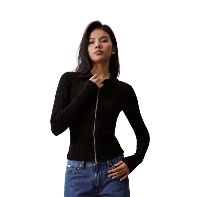 Calvin Klein Solid Color Polo Neck Casual Double Zipper Knit Sweater Women sweater Space-Black J223331