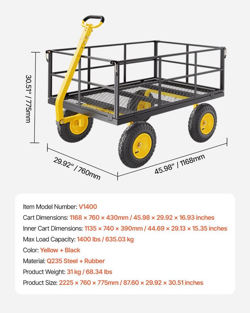 Steel Garden Cart 1400lb Capacity Heavy Duty Yard Wagon Cart 13in Tires