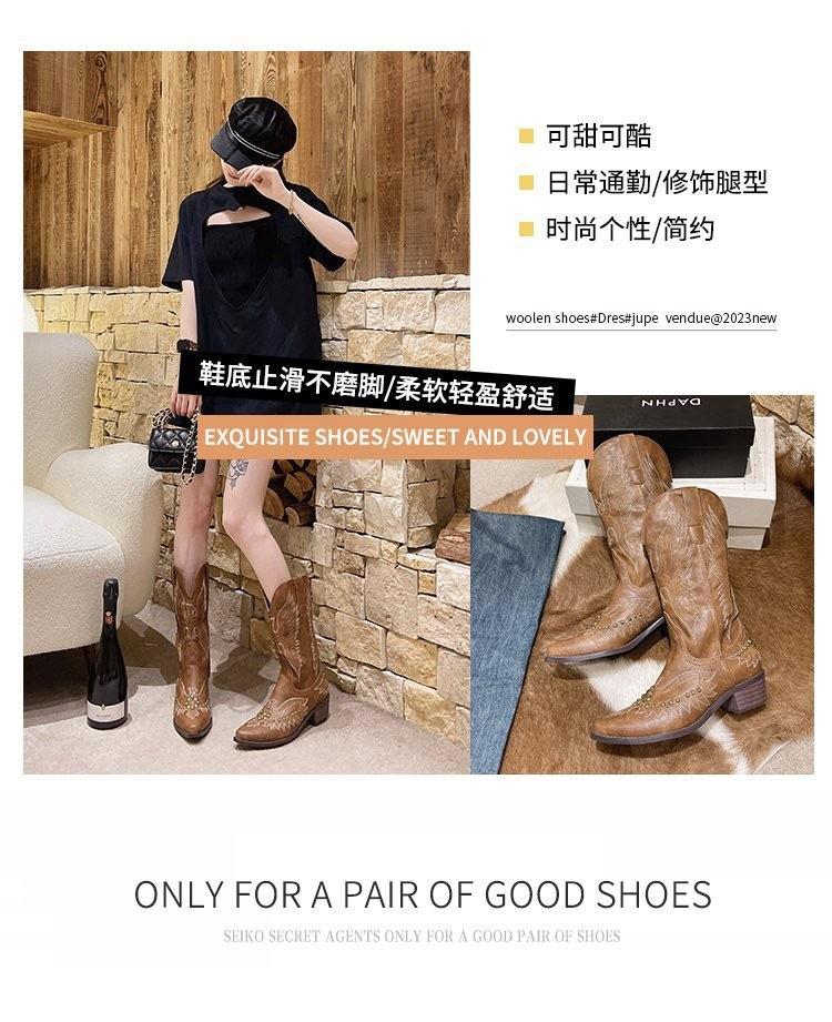 Rivet Retro Western Cowboy Boots for Women 2025 New Style Coarse Heel V-neck Embroidered Knight Boots Pointed Mid Top Boots