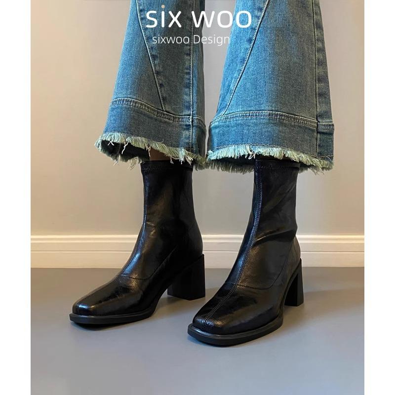 

Leather temperament high-heeled short boots women s new tin boots square head thick heel elastic thin thin boots 34 чёрный