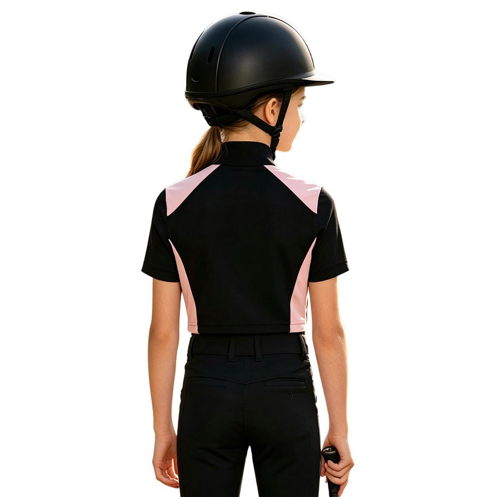 Kids Girls Color-block Equestrian Shirt Zip-up Stand Collar Short Sleeve Athletic Tops for Horse Riding Running Golf Tennis Practice