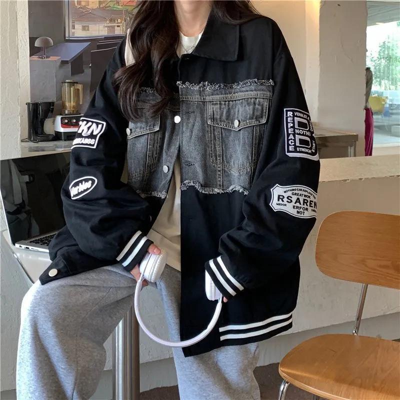 Women's American Retro Spring and Autumn Loose Korean Style Stitching Embroidery Denim Baseball Uniform Jacket