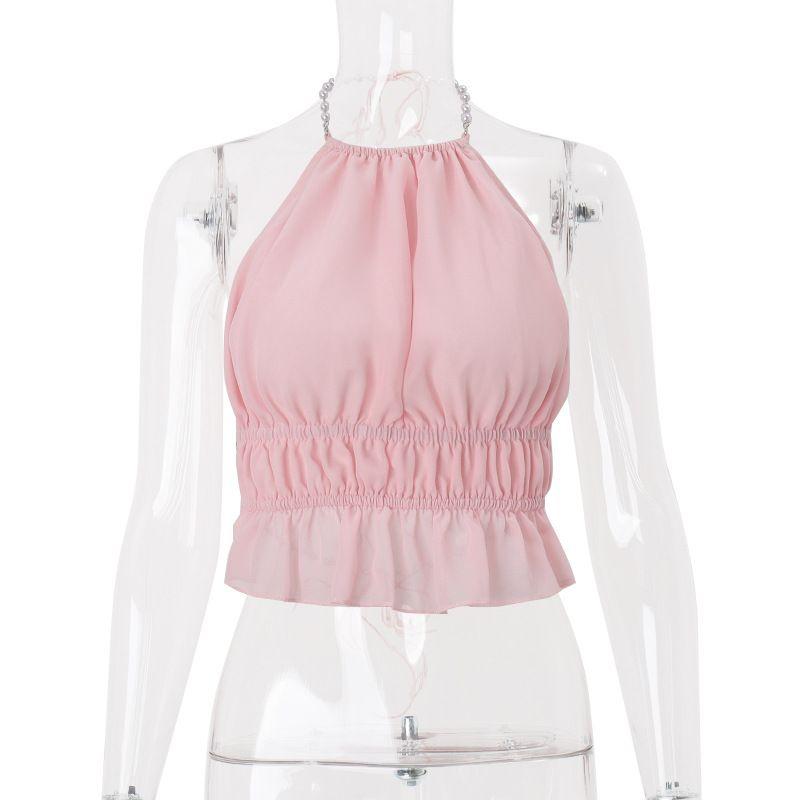 

Outfitgirl 2025 Summer New Arrival Ins Street Sexy Sexy Cutout Pleated Halterneck Vest Tops Female Pink One size