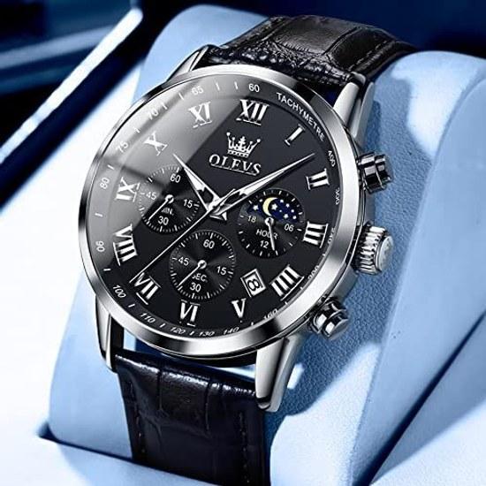 OLEVS Watch Men Black Stylish Waterproof Luminous Analog Quartz Business Wristwatch Popular Fashion Roman Numerals Easy Read Stopwatch Date Casual