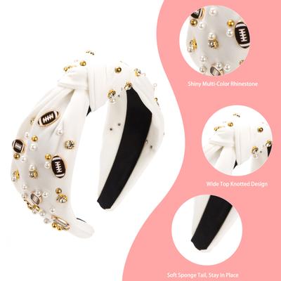 Fun American Football Headband Pearl Rhinestone Embellished Knotted Head Band Hair Hoop Wide Top