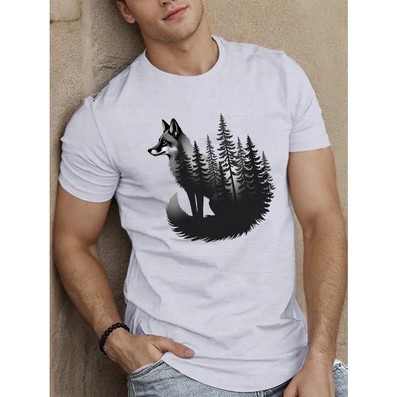 Европейские размеры Мужская повседневная футболка Силуэт лисы и лесной пейзаж - Короткий рукав, Круглый вырез, Летний топ с легкой эластичностью, Обычная посадка S белый