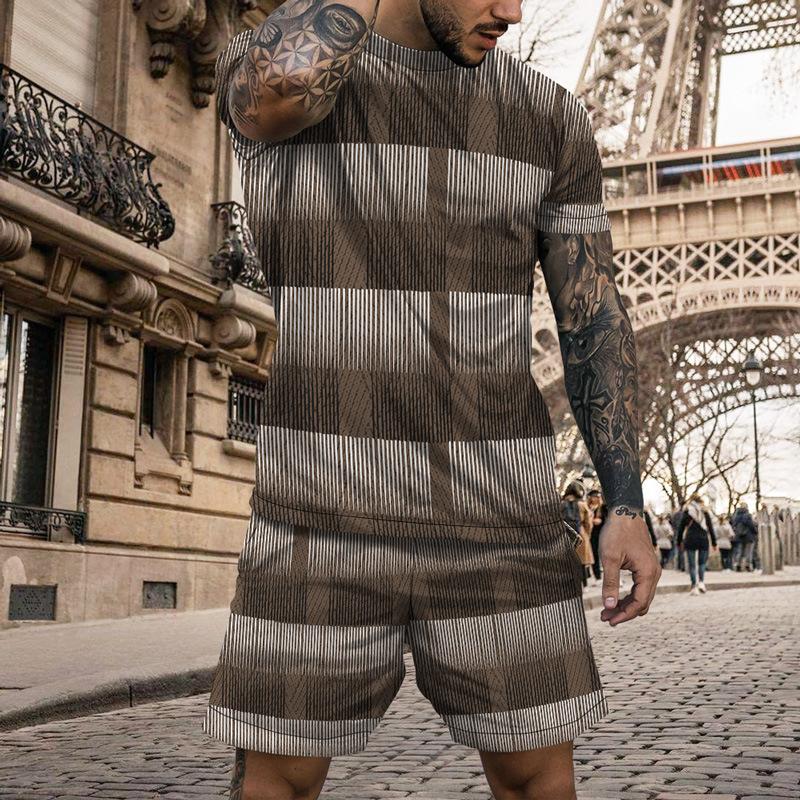 Vintage Casual Clothes Outfits For Men Print Striped Loose T Shirt Suit Oversized  O Neck Summer Tracksuit Streetwear Men's Set