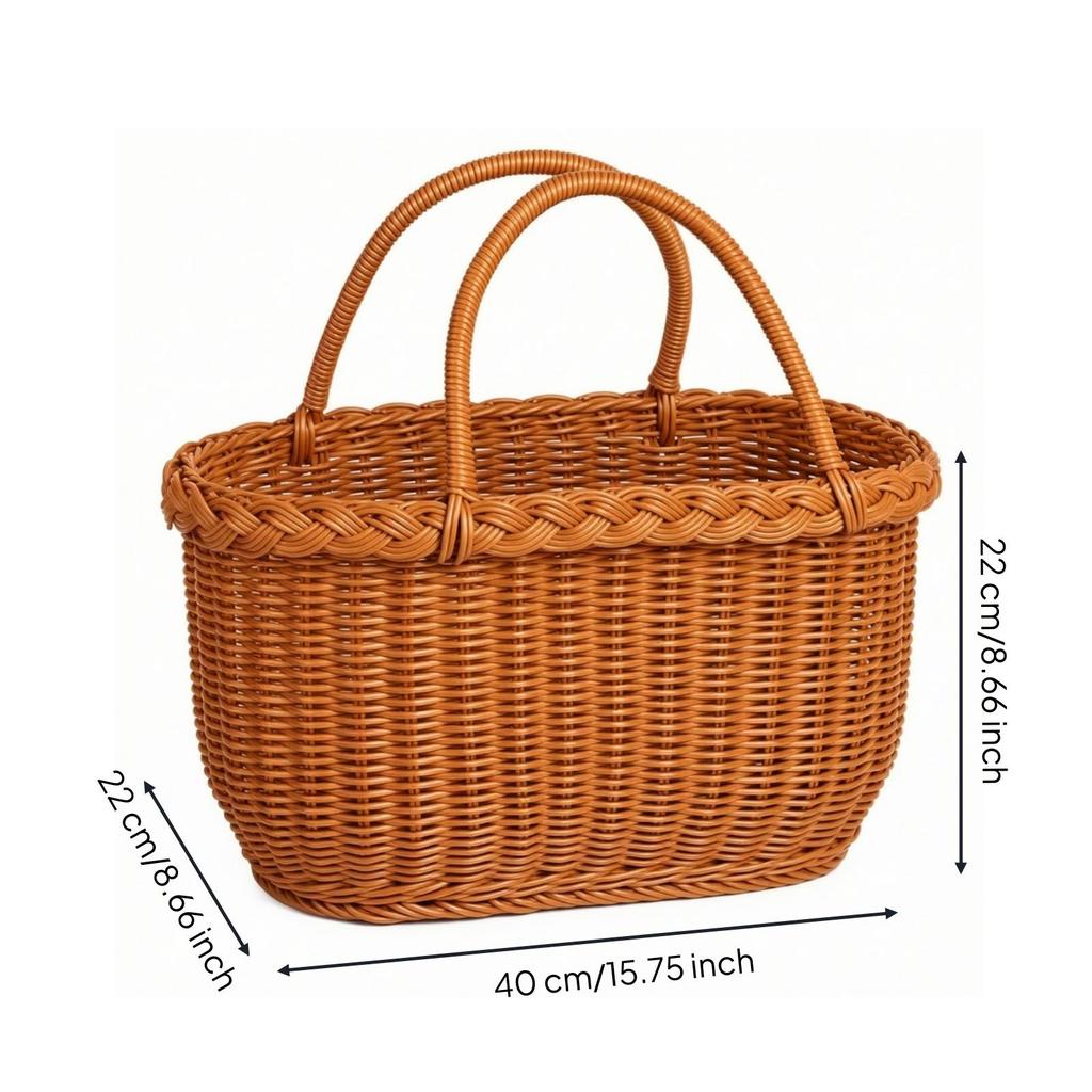 Open-Top Market Basket with Iron Frame Rectangular Rattan Handle