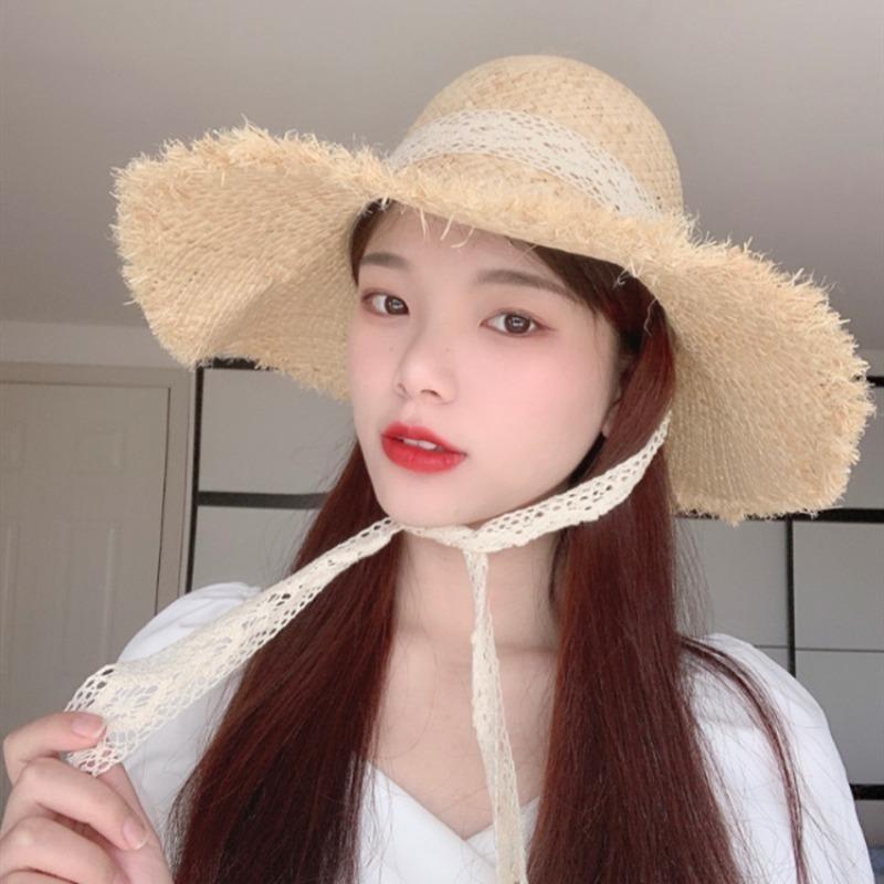 New Spring and Summer Small Fresh Foldable Raffia Woven Straw Hat Beach Big Brim Sunscreen Visor Rough Edge