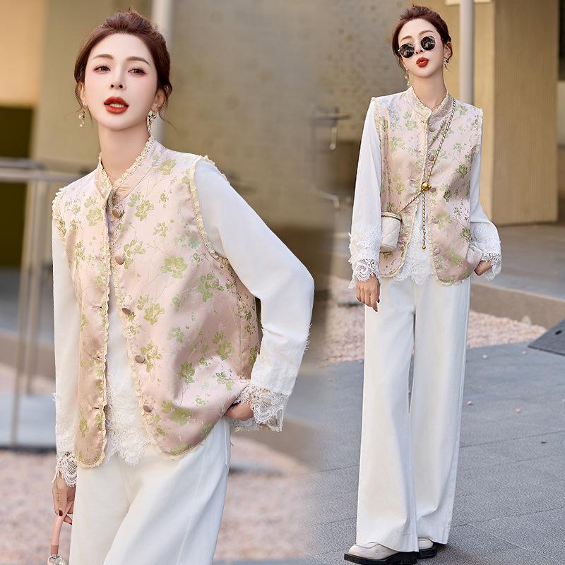 

Женский кружевной топ и жилет с принтом, комплект из двух предметов, весна/осень 2025 M 45-55 kg зелёный