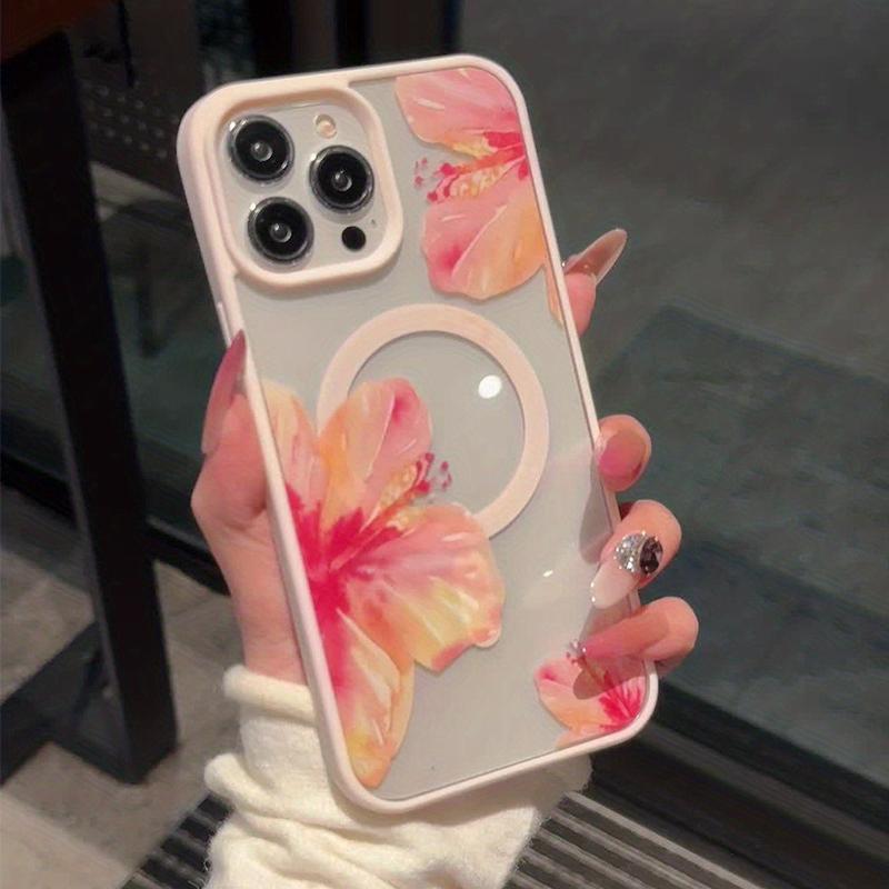 Watercolor Hibiscus Flower Design Magnetic Phone Case For iPhone 17 16 15 14 13 12 11 Pro Max Plus Air 16E Shockproof Back Cover