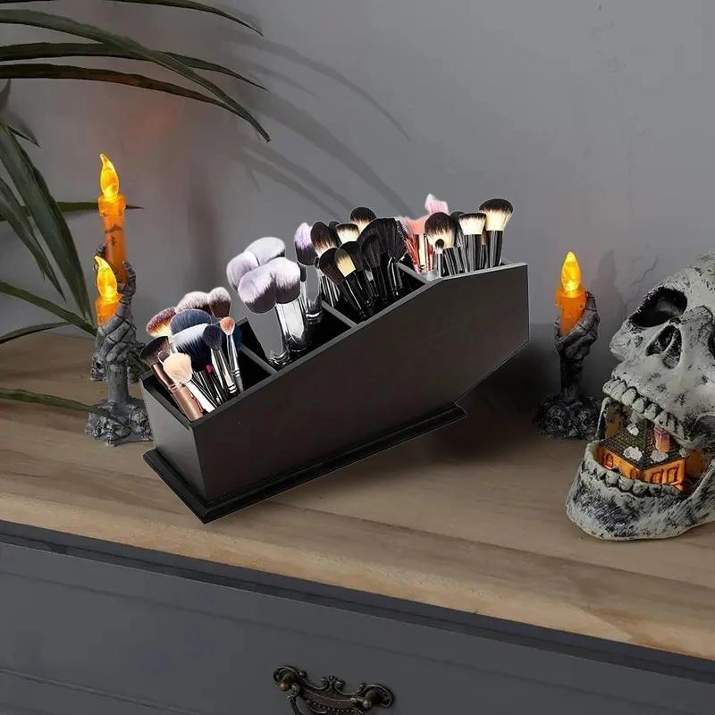 Makeup Brush Holder Wooden Black Storage Box Cosmetic Organizer Pen Holder Halloween Themed Decor Organization Home Storage