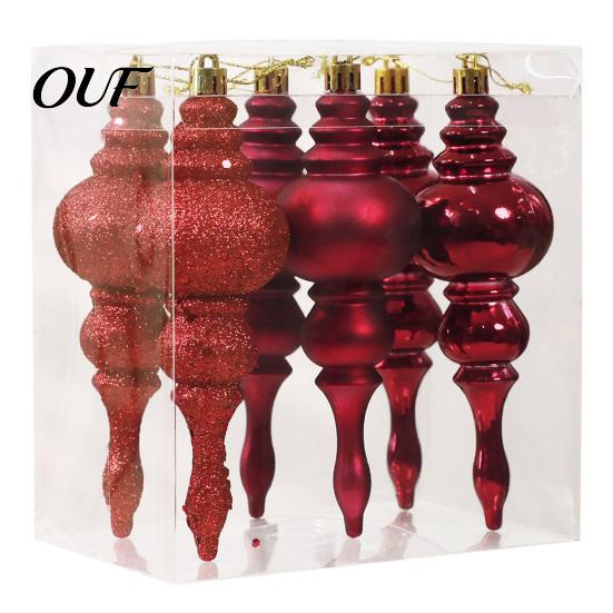 Holiday Party Decoration Accessories 6 Pcs Finial Drop Christmas Ornament, Glitter Shatterproof Plastic Decorative Hanging Ornaments for Home