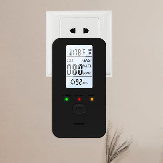 4-in-1 Gas & CO Detector with LCD Display Plug-in Natural Gas Carbon Monoxide Alarm Temperature & Humidity Monitor High Sensitivity Home RV Safety
