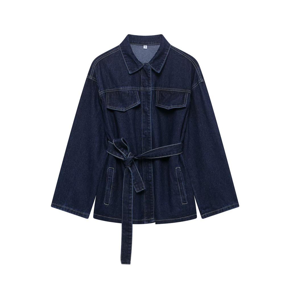 European and American French women's clothing fashion retro waist strap waist lapel denim jacket pants