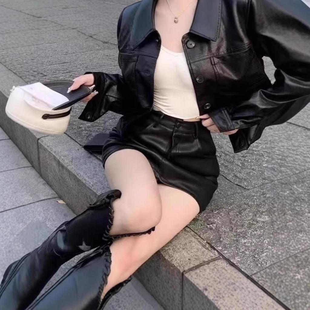 American Hot Girl High-Waist Black PU Leather Bodycon Midi Skirt - Women's European & American Style