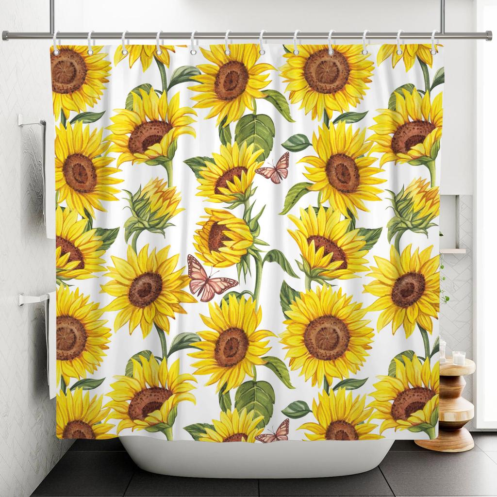 Modern Fresh Bathroom Shower Curtain Green Plants Colourful Flowers Bathroom Waterproof Curtain With Hooks Polyester Curtains
