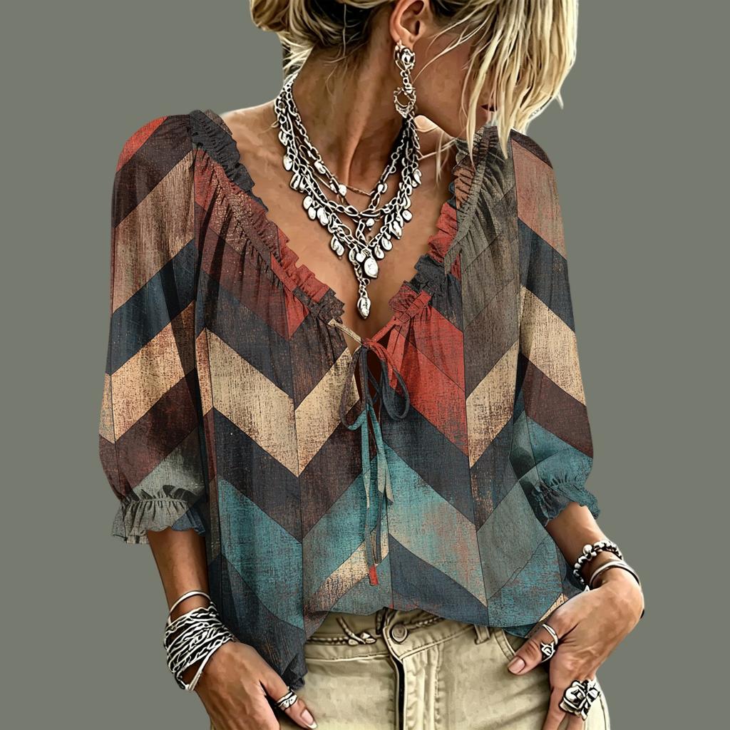 Women's Casual Printed V-Neck Ruffle Tie Blouse