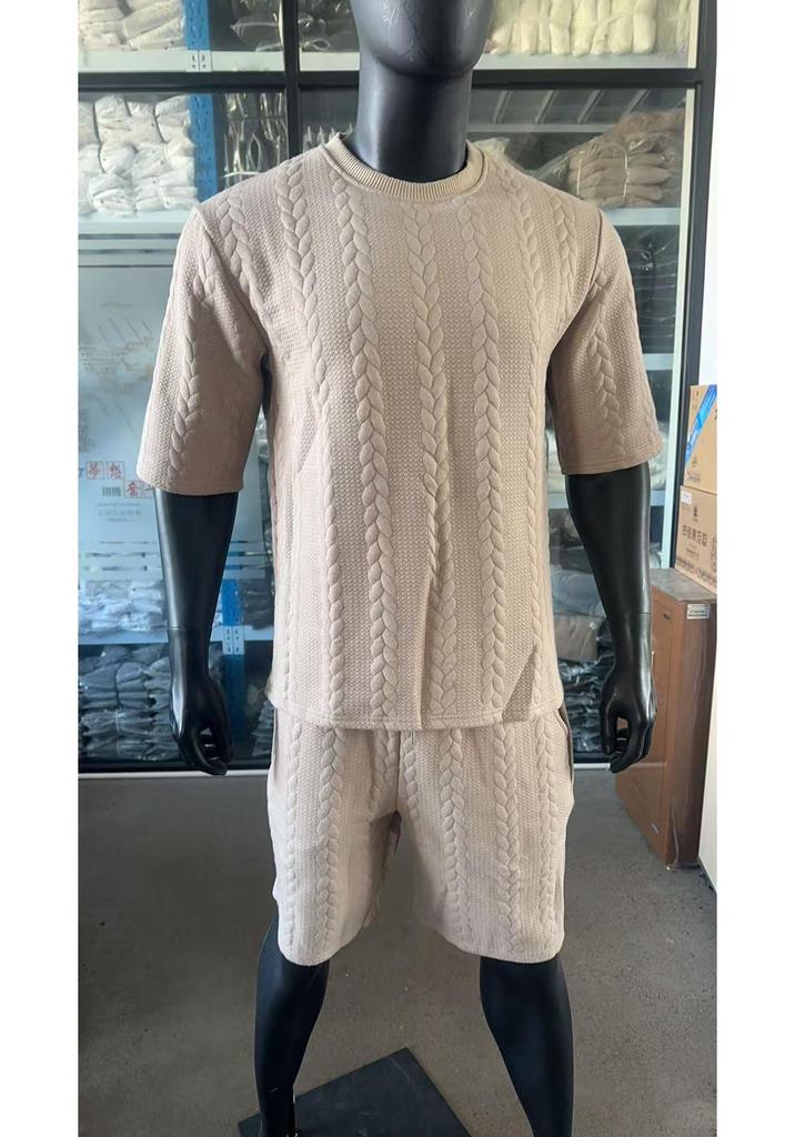 Men's Knit Jacquard Summer Casual Set: Round Neck Pullover & Shorts