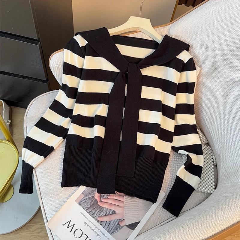 This Stylish Navy Collar, Color-blocking Striped Long-sleeved Knitted Sweater Is A Versatile Top for Women To Look Younger and Slimmer in Autumn