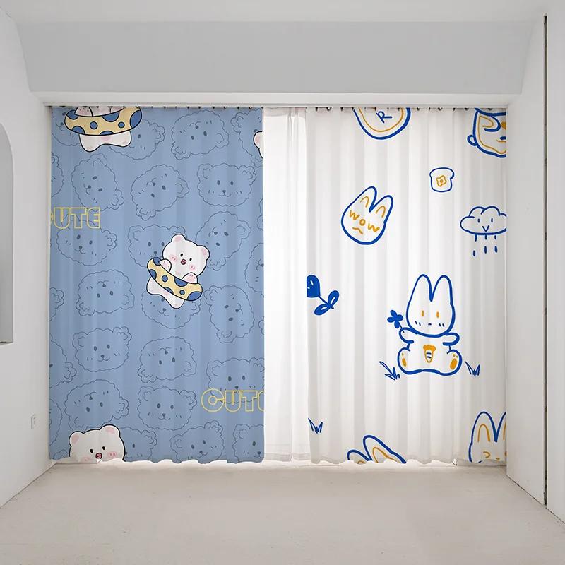 Cartoon Pink Strawberry Cute Bunny Puppy Kitten Print High Shading Curtain Bedroom Living Room Blinds Curtain New Beauty Pattern