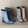 Cowboy Western Boots Women's Denim Mid Calf Boots Turndown Split Chunky Heels Shoes Slip On 2024 Autumn Winter Footwear