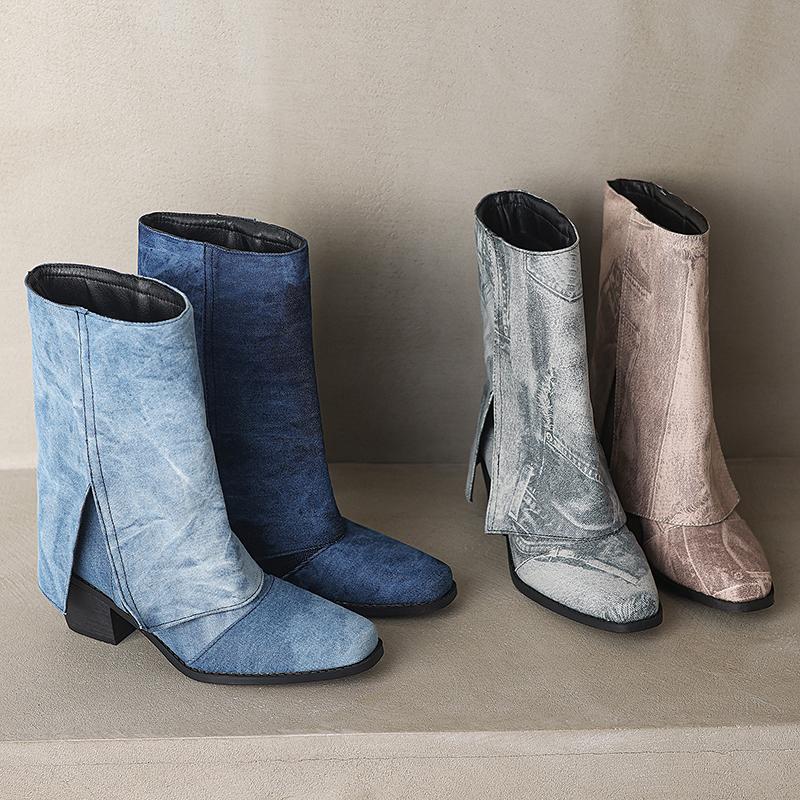 Cowboy Western Boots Women's Denim Mid Calf Boots Turndown Split Chunky Heels Shoes Slip On 2024 Autumn Winter Footwear