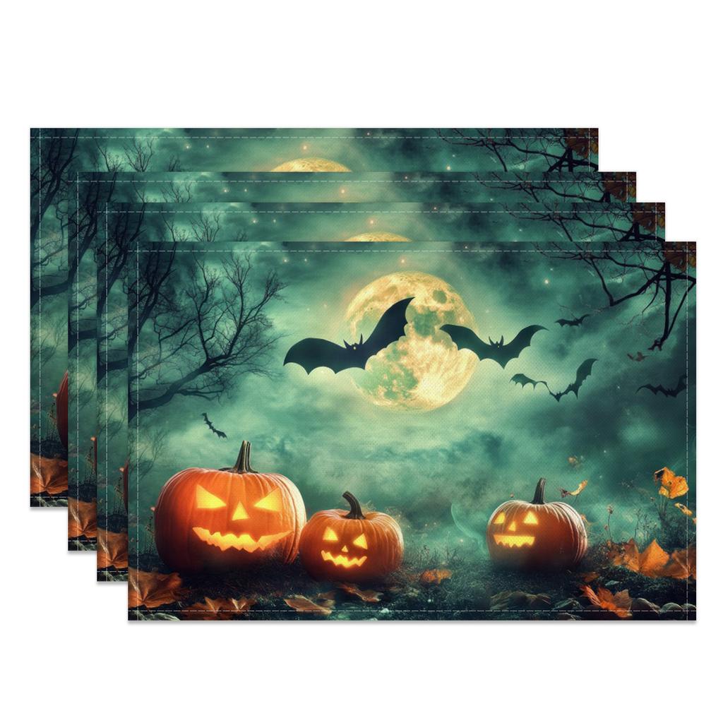 Halloween Placemats Dining Table Spooky Pumpkin Bat Moon Themed Table Mats Party Decor Trick or Treat Dinner Durable Washable