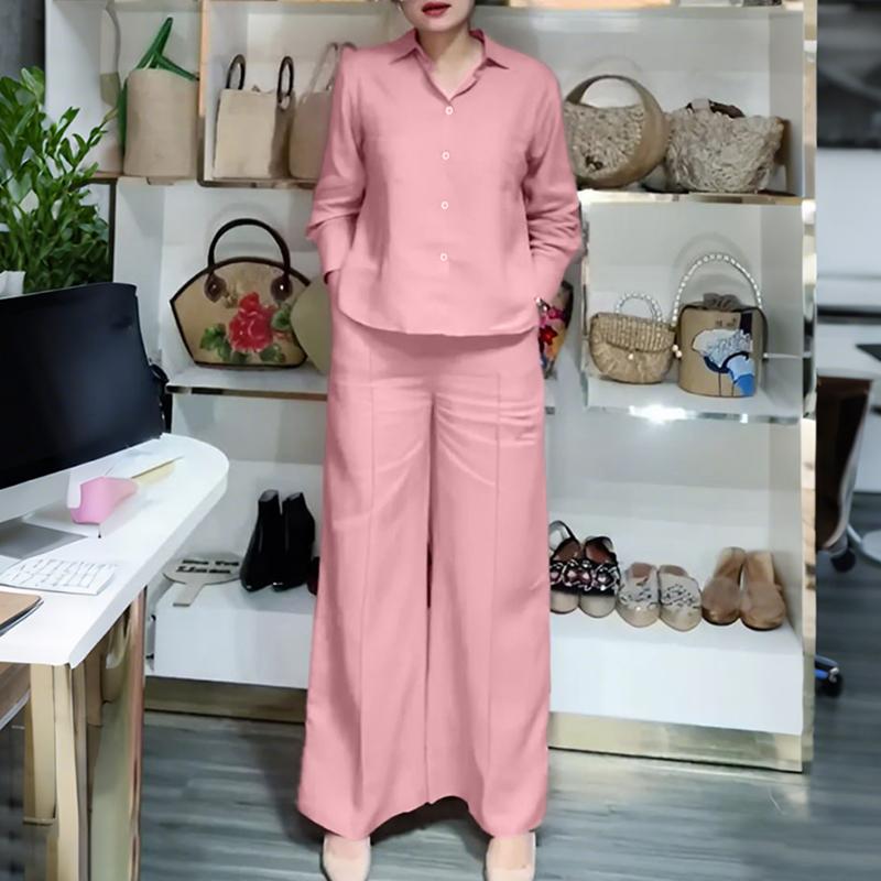 

ZANZEA Women Long Sleeve Button Blouse and Pants Casual Two Piece Suit Sets S рожевий