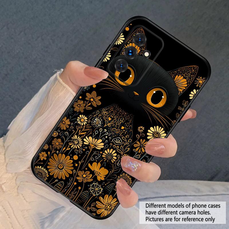 Flower Cat Black For Samsung S20FE S 21 22 23 FE 24 Plus 25 Ultra Galaxy M23 32 34 35 52 53 54 55 5G silicone soft phone case