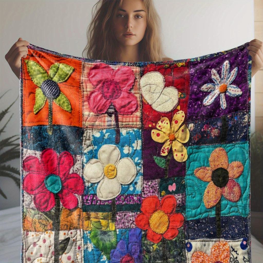 Frühlingshafte Patchwork-Fleece-Decke Boho Gesteppte Blumendecke Kuschelig für Garten, Heimdeko & Frühlings-Outdoor-Entspannung