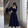 Hepburn-Style Retro V-Neck Black Dress for Women, 2025 Spring/Autumn, Long Over-the-Knee Length