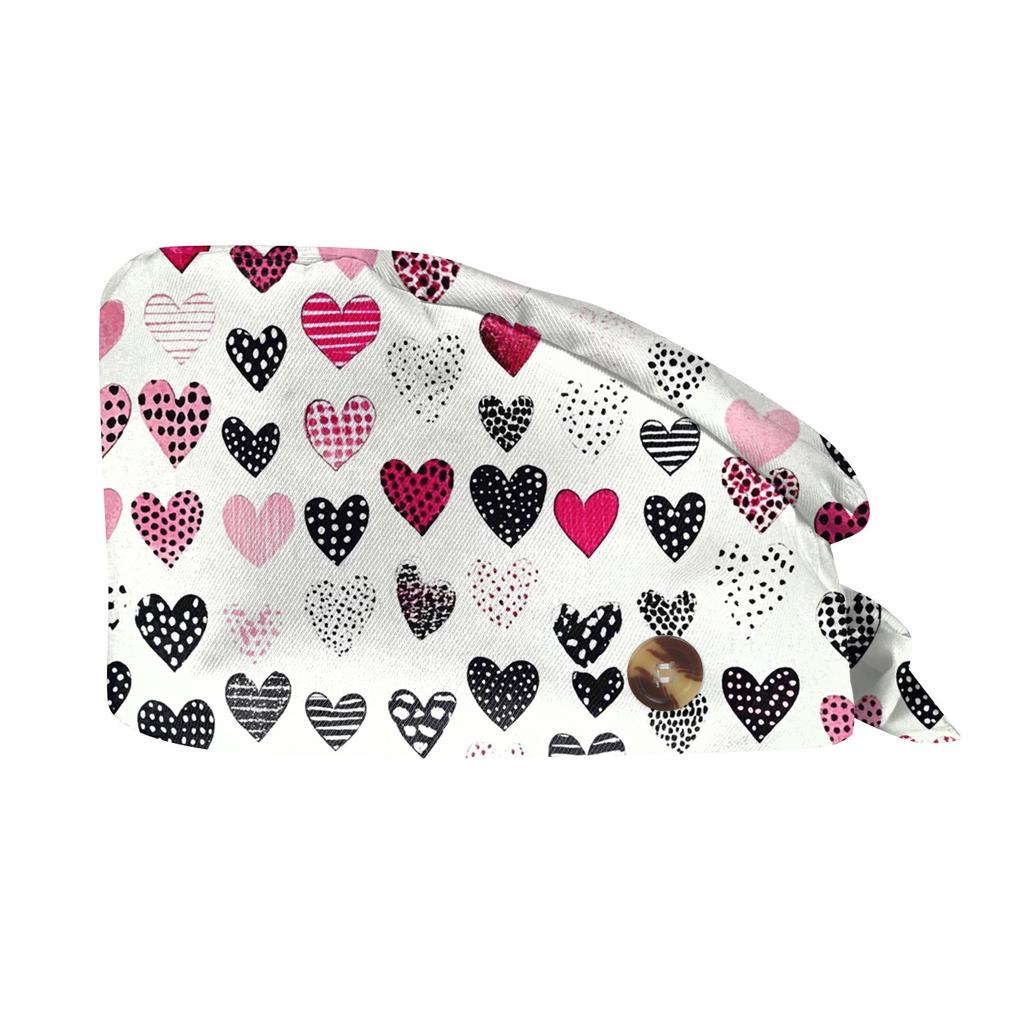 Unisex Scrub Cap mit Herzmuster Arbeitsmütze Verstellbarer Knopf Chirurgische Medizinische Kappe für Krankenschwestern, Köche und medizinisches Fachpersonal