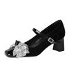 Fashion Korean Version Of One-Length Strip Rhinestone Buckle Single Shoes Square Toe Thick Heel Sequin Bow Mid-Heel Women's Shoes