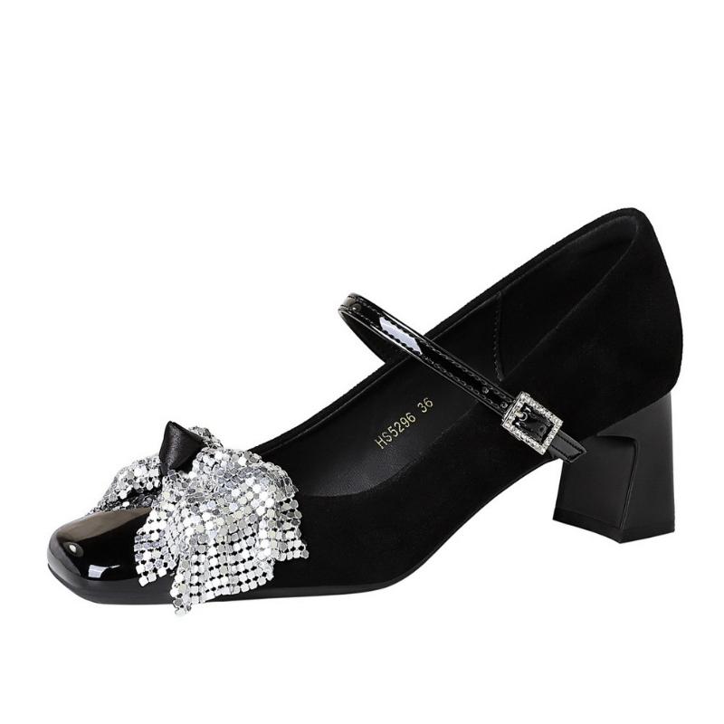 Fashion Korean Version Of One-Length Strip Rhinestone Buckle Single Shoes Square Toe Thick Heel Sequin Bow Mid-Heel Women's Shoes