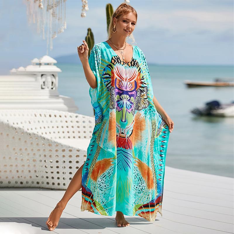 EDOLYNSA Bedruckte türkische Robe mit Fledermausärmeln, Sommer-Tunika, Plus-Size-Bademode, Cover-Up für Damen-Bademode, blaue Kaftan-Kleider, Q1415