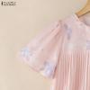 ZANZEA Women Casual Round Neck Floral Print Loose Short Sleeve Pleated Blouse