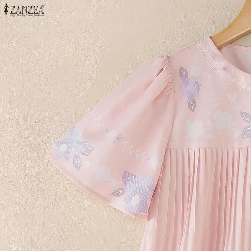 ZANZEA Women Casual Round Neck Floral Print Loose Short Sleeve Pleated Blouse