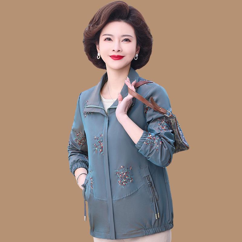 Elegant Embroidered Spring & Autumn Jacket for Moms - Fashionable Casual Trench Coat for Middle-Aged and Elderly Women
