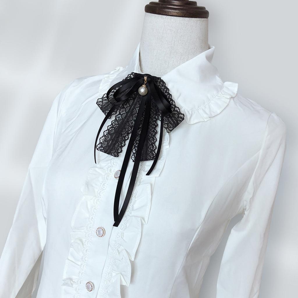 Womens Lace Ribbon Bowtie Brooch Pin Student JK Uniform Shirt Jabot Collar Pearl Pendant Pre-Tied Bowknot Necktie Clip