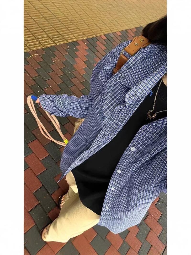 

Женская рубашка-куртка в синюю клетку для ранней осени - Стиль колледжа, свободный крой с карманами для многослойности XX-Large синий