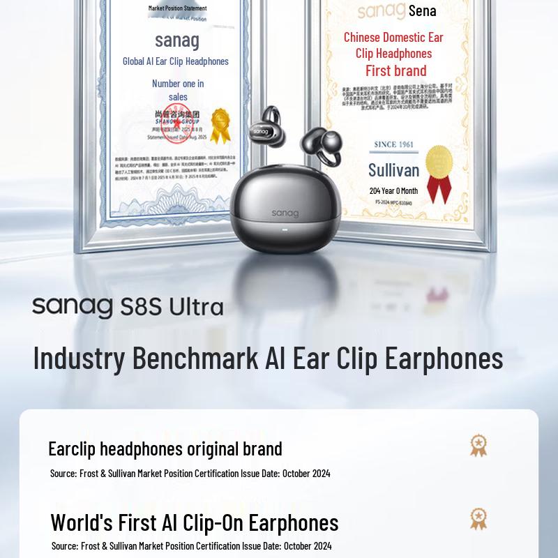 SANAG S8S Ultra Ear Clip AI Translator Wireless Earbuds
