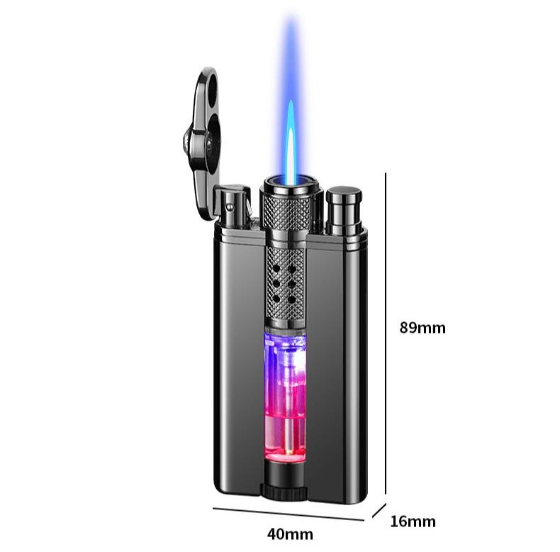 Windproof Diamond Studded Straight Forward Lighter Blue Flame Inflatable Lighter with Visible Gas LED Light Gift for Boys