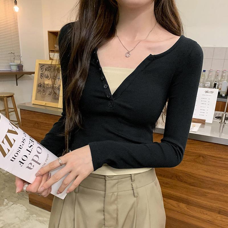 

Fake two-piece collar and shoulder slim-fitting Spice Girl long-sleeved T-shirt bottoming shirt women s autumn niche short contrasting splicing top XL чёрный