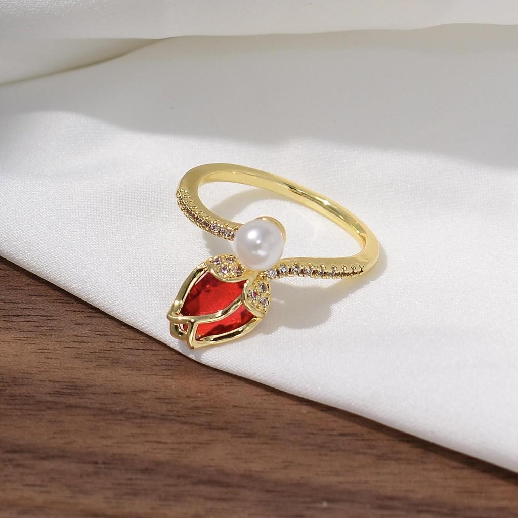 Enamel and Diamond Tulip Adjustable Gemstone Ring for Women - Durable, Non-Fading, High-End Exquisite Design
