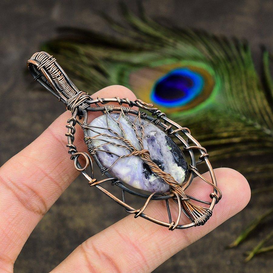 Russian Charoite, Moonstone Gemstone Copper Wire Wrap Jewelry Pendant 3.15"