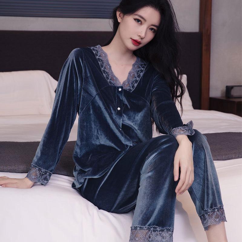 Women’s Pleuche Pajama Set Spring Fall Winter Long Sleeve Top and Pants Two Piece Loungewear