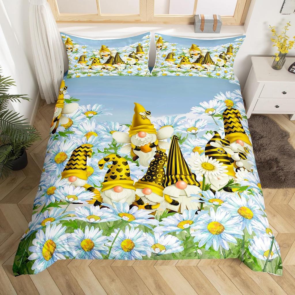 Purple Lavender Dwarf Duvet Cover King Queen Kawaii Cartoon Gnome Bedding Set Spring Flowers Comforter Cover Floral Quilt Cover