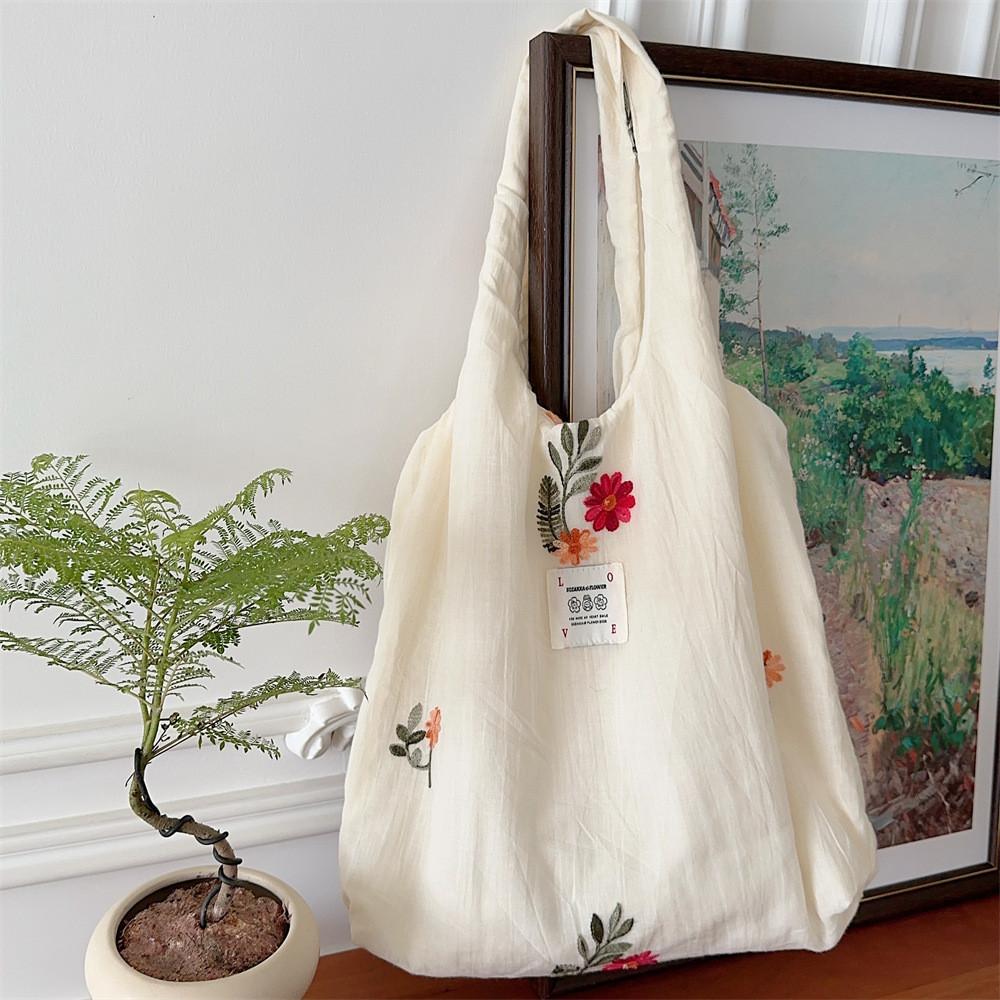 Adorable Floral Canvas Tote Bag For College Students Cute Handheld Shoulder Bag Spacious